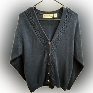 Navy blue cardigan with gold buttons